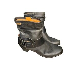 Pikolinos Brujas Leather Ankle Boot Buckle Strap Moto Biker Black Size 8.5‎
